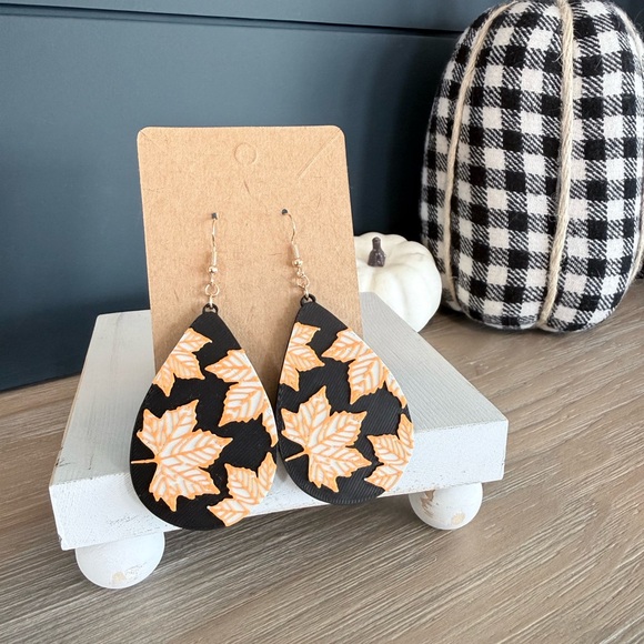 Black and Orange Leaf Earrings - Picture 1 of 3